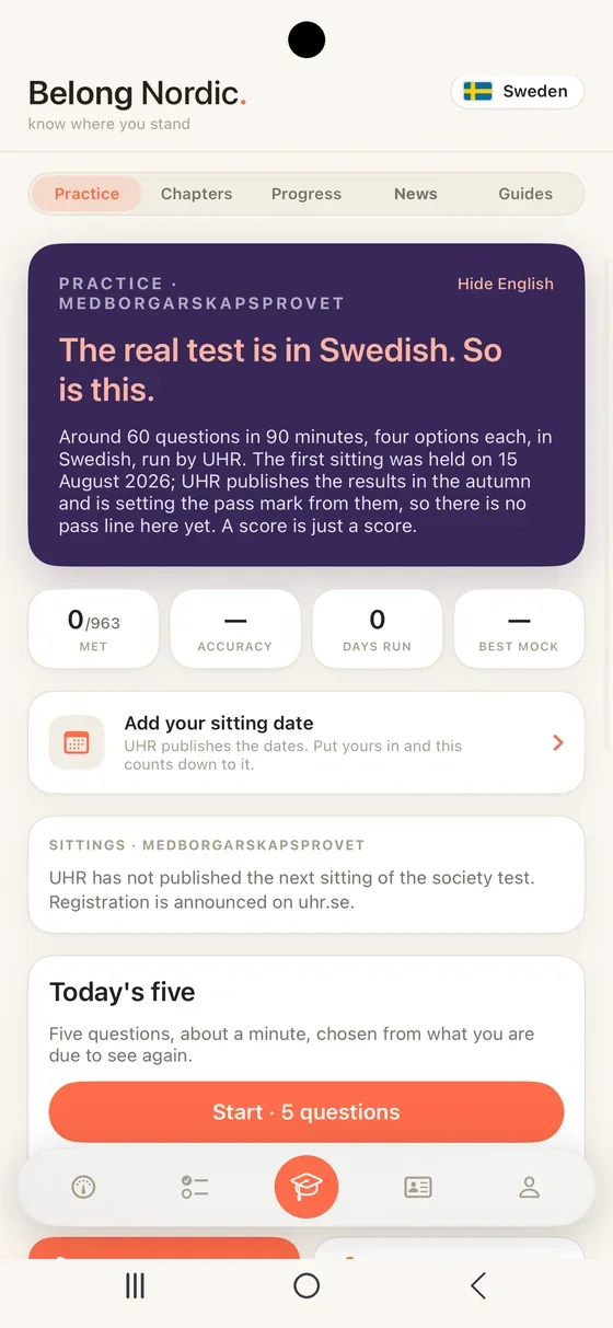Belong Nordic Practice on Android, practice for the Swedish citizenship test
