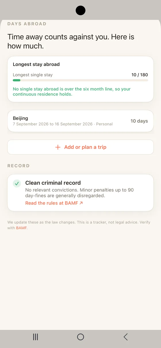 Belong Germany Standing on Android, the longest stay abroad measured against the six month line